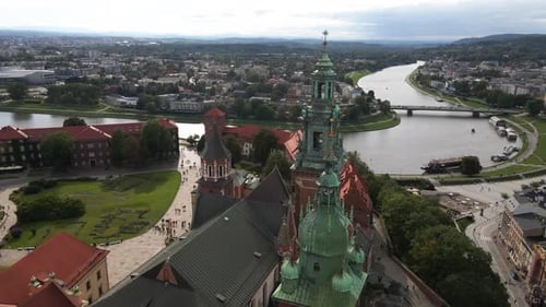 Aerial view of the Vistula River and the Wawel Royal Castle, the cathedral and a courtyard with walk