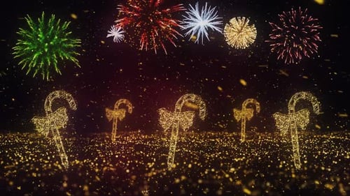Glittering Christmas Candy Canes and Fireworks Celebration Background