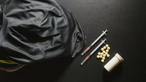DOPING: Sport-T-Shirt fällt auf Turnschuhe in der Nähe einer Pille und einer