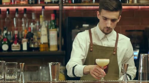 Young Adult Bartender Making a Cocktail at Bar