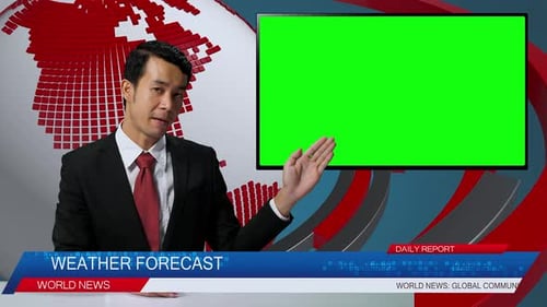 Asian Male Anchor Reporting On The Weather Forecast, Video Story Show Green Chroma Key Screen