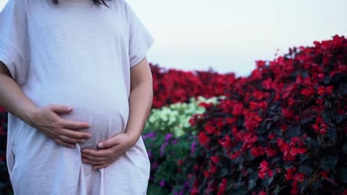 Pregnant Woman Gently Holds Her Baby Bump in Garden