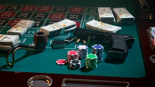 Armas con balas, dinero y fichas en una mesa de ruleta en un casino. Apuestas.