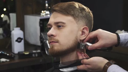 Young Man Getting His Beard Trimmed By a Professional Barber