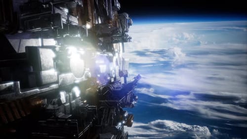 Futuristic Spaceship Flying in Orbit Above Planet Earth
