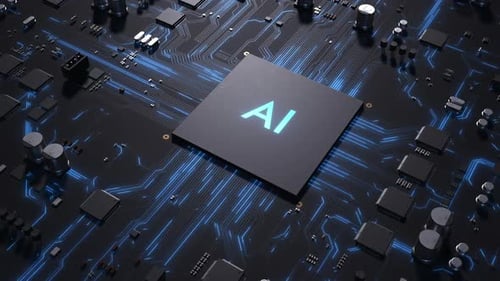 Futuristic AI Processor Chip on Glowing Circuit Board