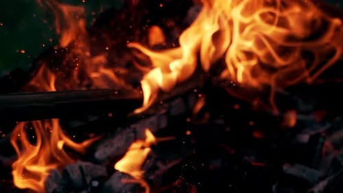 Burning Log Fire Flames in the grill. Beautiful fire burns brightly. Embers of the fire climb up.