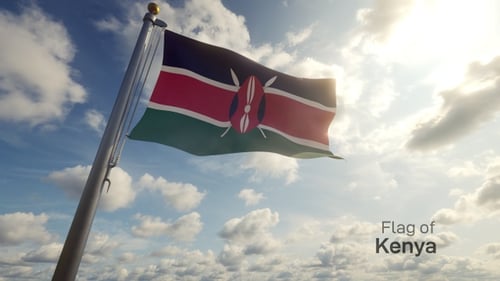 Realistic Kenyan Flag Waving in Blue Sky with Clouds