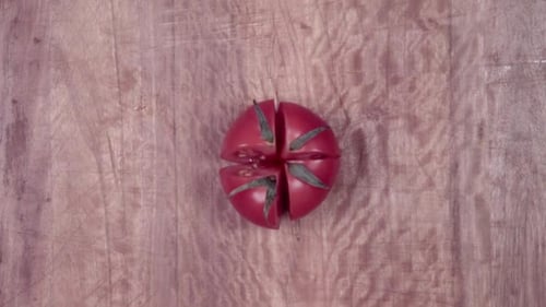Tomato Falling on Cutting Wood and Splits