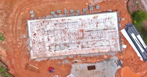 At a Construction Site for Foundation Reinforcement Steel Bars are Being for Concrete Pouring