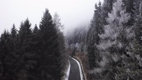 Aerial View of a Car Driving in a Foggy Day in Mountain. Car Driving in a Curved Road with Near
