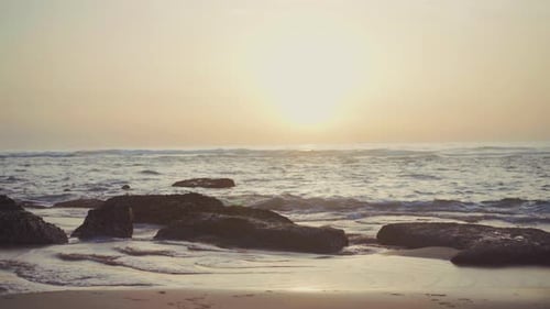 Sea Landscape at Sunset Stone Coast Dramatic Ocean Background at Evening Dusk