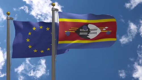 Bandera de la Unión Europea vs Eswatini en asta de bandera