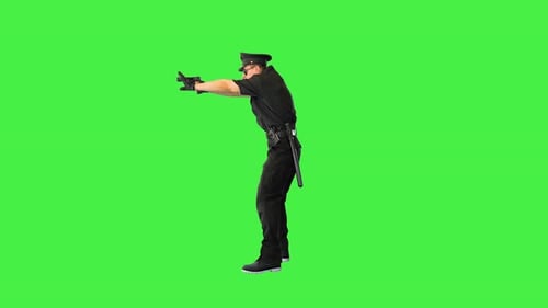 White Policeman Stands Gets the Gun Out Aims and Puts It Back on a Green Screen Chroma Key