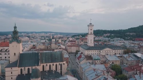 Aerial City Lviv, Ukraine. European City. Popular Areas of the City. Town Hall