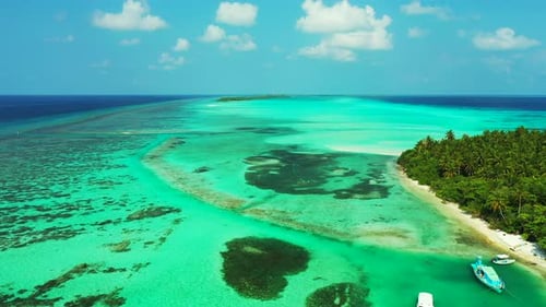 Natural drone island view of a white paradise beach and aqua turquoise water background in best qual