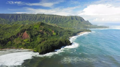 Hawaii, USA, Inspiring View Over Green Exotic Island and Peaceful Ocean Washing the Shore, Aerial