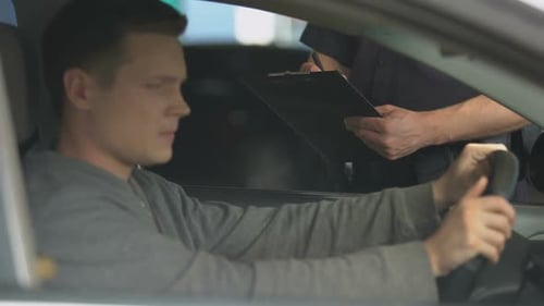 Police Officer Writing Ticket to Nervous Male Driver, Traffic Rules Brake, Road