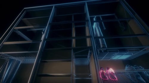 Futuristic Wireframe Wardrobe with Glowing Fashion Items