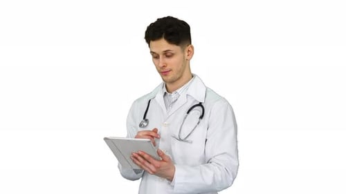 Doctor Holding Digital Tablet Pc and Reading Results on White Background.