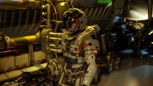 Futuristic Armored Astronaut Walking in Spacecraft Interior