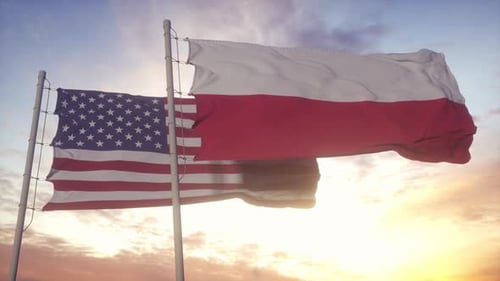 Poland and United States Flag on Flagpole