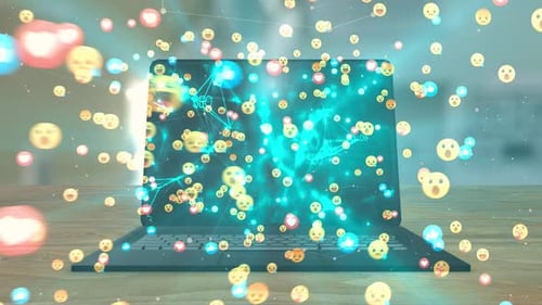 Social Media Emojis Fly from Laptop Screen with Data Network
