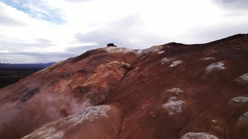 Drone Flight Over Hilly Geothermal Area Of Myvatn With Steam Vents
