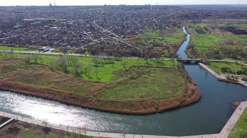Aerial view of the river. You can see the bridge over the river