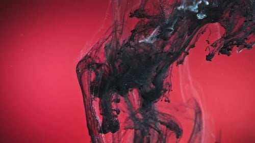 Black Ink Swirling in Vivid Red Liquid