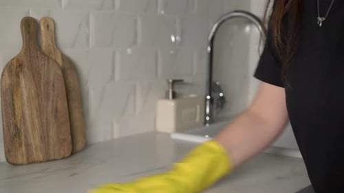 Woman cleans counter near sink