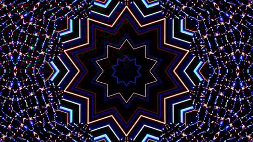 animierte Blütenform aus bunten blinkenden Lichtern, auf schwarzem Hintergrund