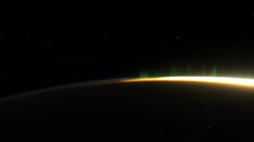 Raumschiff fliegt über die Nachtseite des Planeten Erde