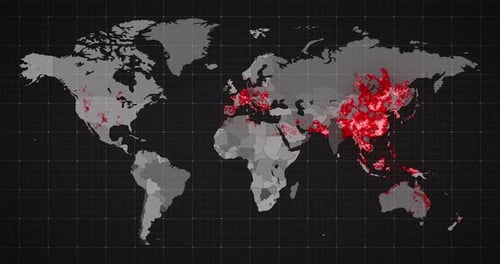Animation de la carte du monde et des pays virant au rouge à travers des cercles sur fond sombre