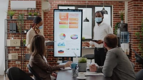 Team Meeting with Charts and Face Masks