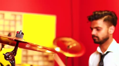 Italian Artist Musician Playing Drumms During Online Concert at Studio