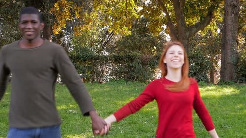 Happy young interracial couple holding hands and walking in the park-slow motion