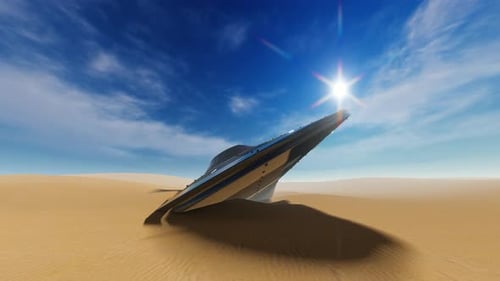 Crashed Futuristic Spaceship in Desert Landscape Panorama