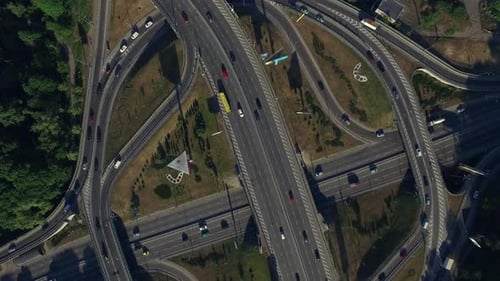 Car Driving on Freeway Overpass, Aerial View Car Traffic on Roundabout Highway