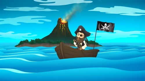 A pirate boat in front of an active volcano island in the middle of the ocean.