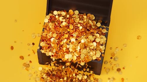 Die Holztruhe öffnet sich und explodiert aus goldenen Münzen. Ein kostbarer Schatz.