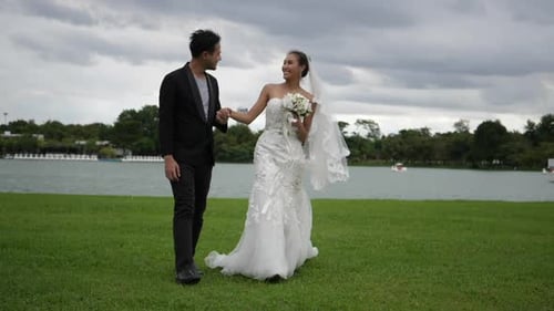 Slow motion Of Wedding Bride Happy Fun walking and running in the park