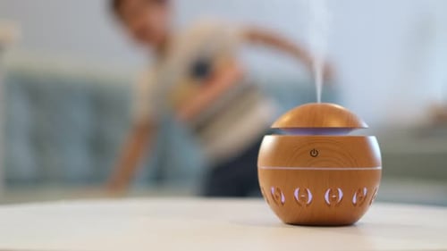 Aroma Diffuser Emitting Mist in Home Setting
