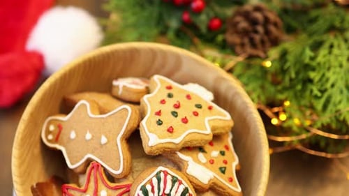 Festive Christmas Cookies in a Wooden Bowl