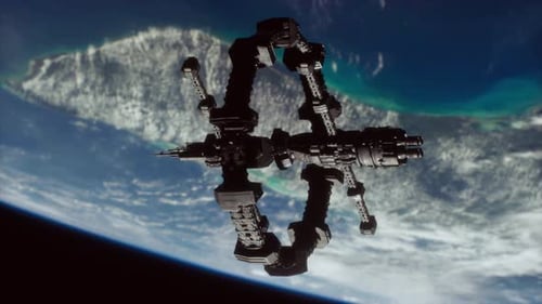 Massives Raumschiff nimmt Position über von der NASA bereitgestellten Erdelementen ein