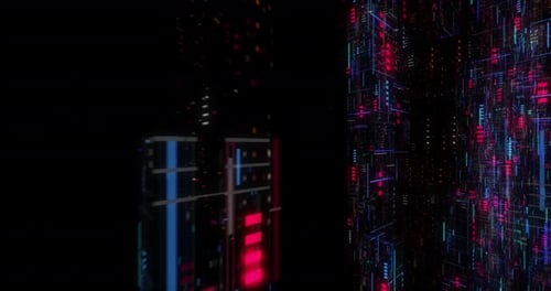 Flying over abstract motion background, a futuristic circuit board loop