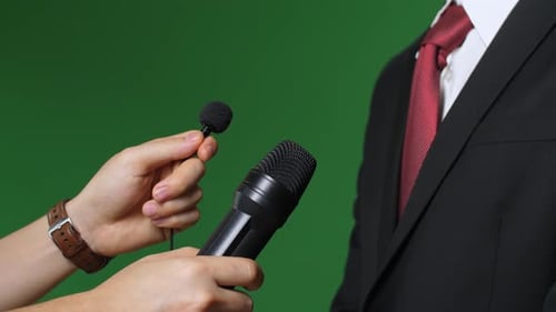 Close Up Portrait Of Modern Asian Male Candidate Giving Interview To Journalists, Mock Up Chroma Key