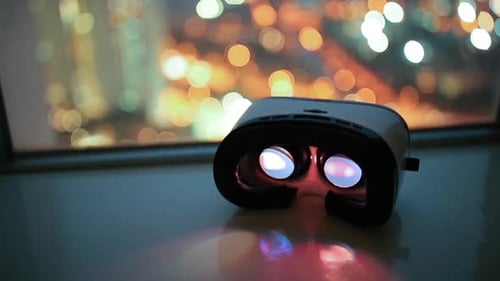 Virtual Reality Headset at Night with City Lights