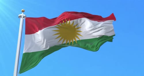 Realistic Kurdish Flag Waving in Clear Blue Sky