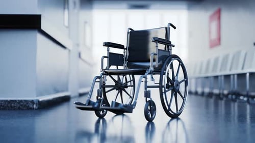 Abandoned wheelchair in empty, clean hospital waiting corridor. Disability in 4K